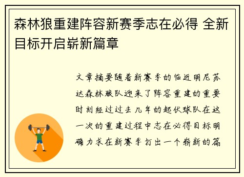 森林狼重建阵容新赛季志在必得 全新目标开启崭新篇章